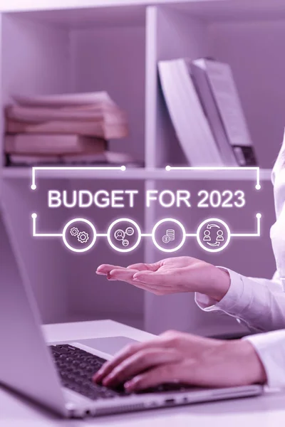 Sinal Texto Mostrando Orçamento Para 2023 Vitrine Negócios Uma Estimativa — Fotografia de Stock