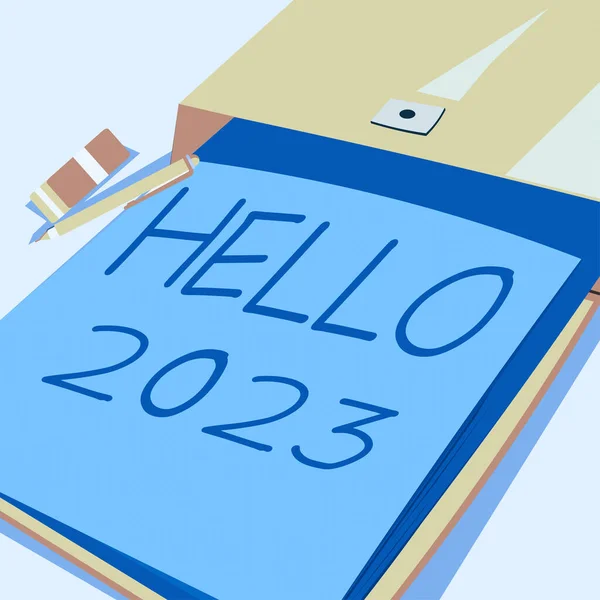 Sinal Escrita Mão Hello 2023 Business Overview Celebration Beginning Calendar — Fotografia de Stock