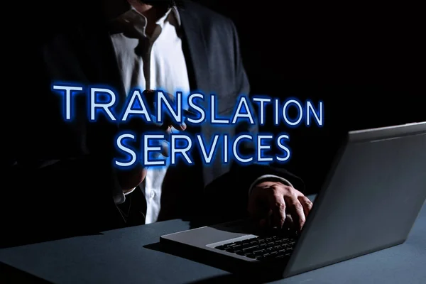 Γράφοντας Εμφανίζοντας Τις Μεταφραστικές Υπηρεσίες Κειμένων Οργάνωση Έννοιας Διαδικτύου Που — Φωτογραφία Αρχείου