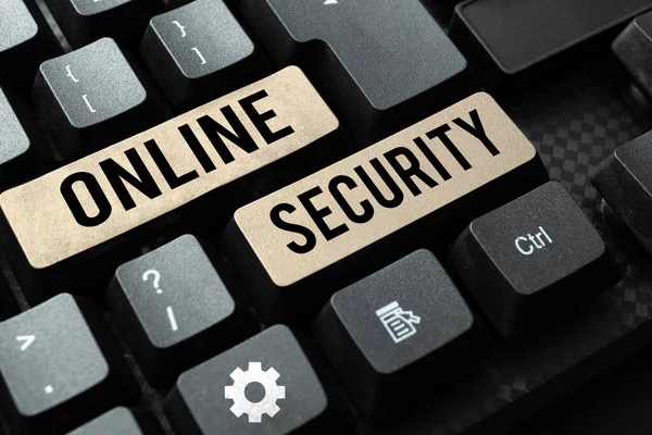 Znak Tekstowy Pokazujący Bezpieczeństwo Online Słowo Napisane Akcie Zapewnienia Bezpieczeństwa — Zdjęcie stockowe