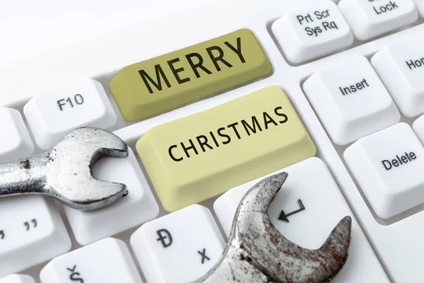 イエス キリストの誕生を祝うために毎年恒例の伝統に書かれた単語 メリークリスマスを表示するサイン — ストック写真