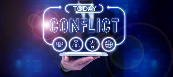 Text Sign Showing Conflict Word Disagreeing Someone Goals Targets — Stock Photo, Image