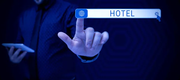 ホテルを示すテキスト記号 ビジネスコンセプトの確立旅行者のための宿泊施設の食事サービスを提供する — ストック写真