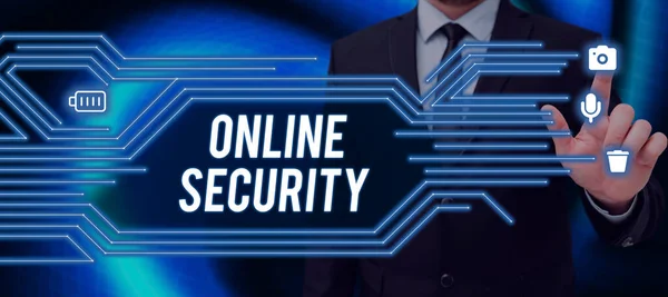 Tekst Pokazujący Inspirację Bezpieczeństwo Online Koncepcja Biznesowa Akt Zapewnienia Bezpieczeństwa — Zdjęcie stockowe