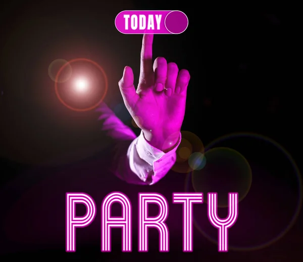 Znak Tekstowy Pokazujący Party Biznes Pomysł Spotkanie Towarzyskie Zaproszeni Goście — Zdjęcie stockowe