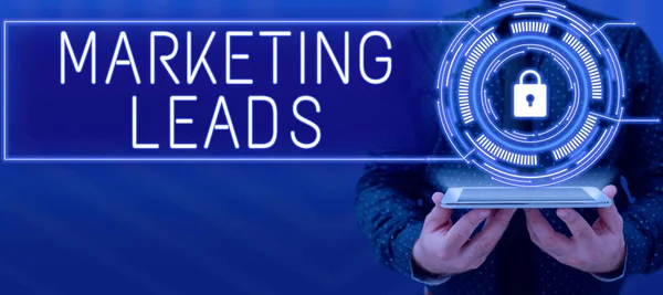 Text Sign Showing Marketing Leads Internet Concept Person Who Shows — Stock Photo, Image