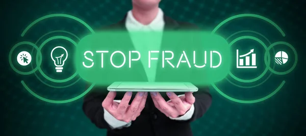 Inspiración Mostrando Señal Stop Fraud Concepto Internet Campaña Aconseja Gente — Foto de Stock