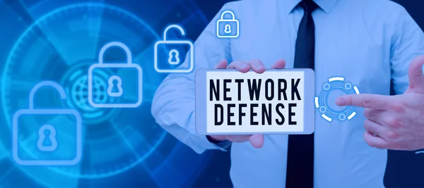 Exibição Conceitual Network Defense Business Mostra Medidas Para Proteger Defender — Fotografia de Stock