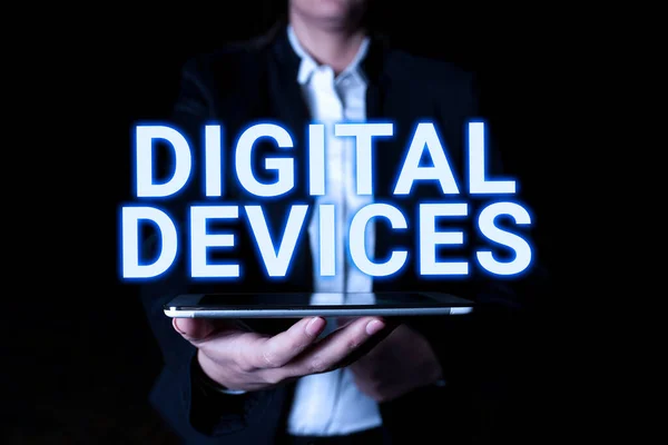 Podpis Tekstowy Prezentujący Urządzenia Cyfrowe Business Showcase Fizyczne Urządzenie Zawierające — Zdjęcie stockowe