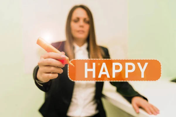 Texto Mostrando Inspiração Feliz Palavra Para Sentir Mostrar Prazer Contentamento — Fotografia de Stock