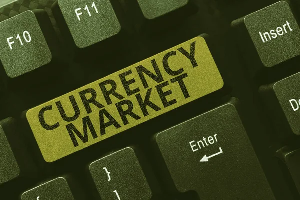 概念図通貨市場 通貨の取引のためのカウンターマーケット上に書かれた言葉 — ストック写真