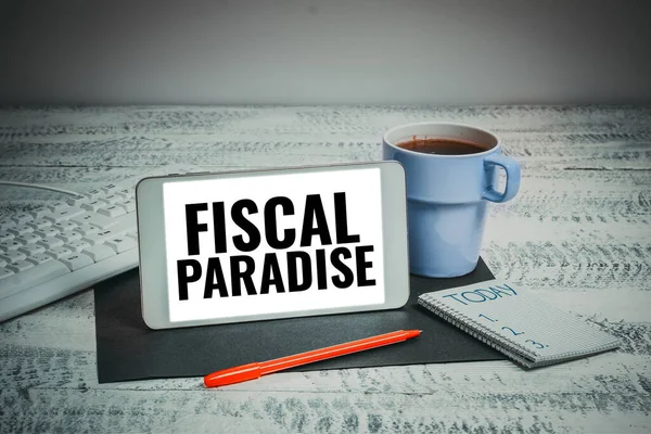 Hand Writing Sign Fiscal Paradise Business Concept Φόρος Επί Της — Φωτογραφία Αρχείου
