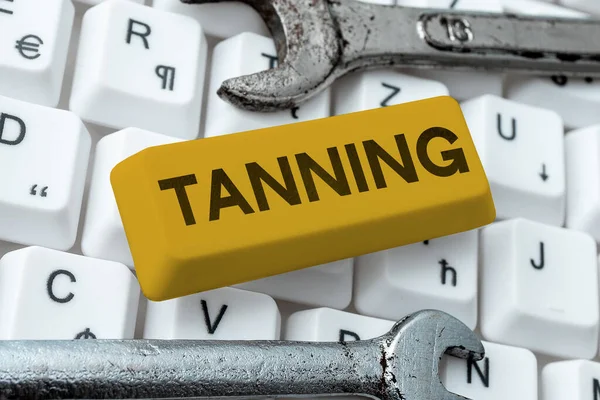 Sign Displaying Tanning Word Natural Darkening Scin Tissues Exposure Sun — Stock Photo, Image
