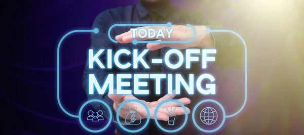 Hand Writing Sign Kick Meeting Επιχειρηματική Ιδέα Πρώτη Συνάντηση Την — Φωτογραφία Αρχείου