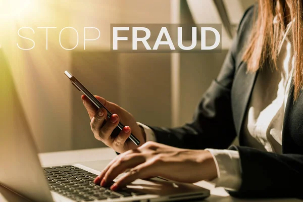 Legenda Conceitual Stop Fraud Word Escrito Conselhos Campanha Pessoas Prestar — Fotografia de Stock