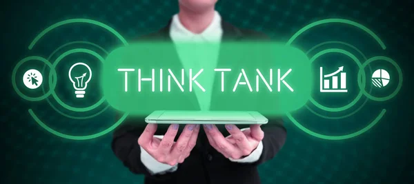 Firma Mostrando Think Tank Palabra Para Pensar Soluciones Valiosas Innovadoras — Foto de Stock