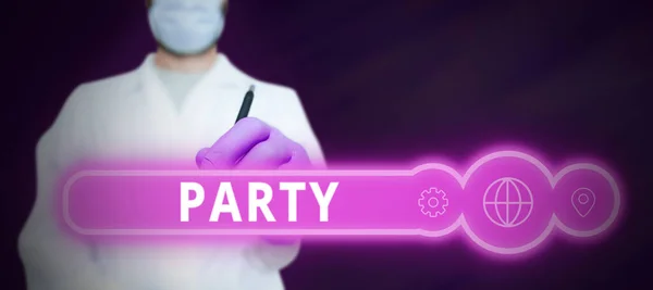 Szöveg Felirat Bemutató Party Word Írt Társadalmi Összejövetel Meghívott Vendégek — Stock Fotó