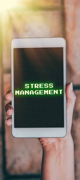 Sinal Texto Mostrando Gerenciamento Estresse Abordagem Negócios Terapia Meditação Relaxamento — Fotografia de Stock