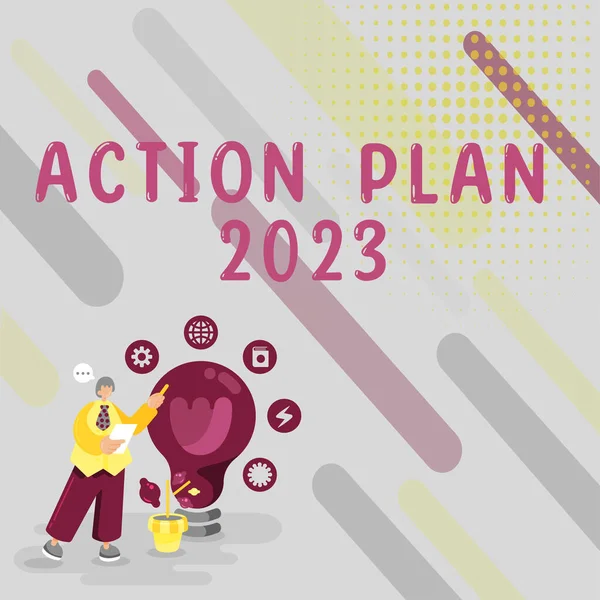 Sinal Texto Mostrando Plano Ação 2023 Abordagem Negócios Desafio Ideias — Fotografia de Stock