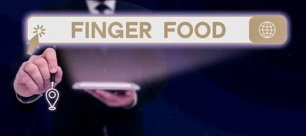 Sinal Texto Mostrando Finger Food Palavra Escrito Produtos Digestivos Que — Fotografia de Stock