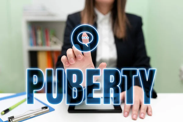 Text Showing Inspiration Puberty Word Written Period Becoming First Capable — Stock Photo, Image