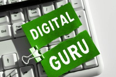 Dijital Guru, öğretmen ve entellektüel rehber kelimesinin elektronik konulardaki temel endişelerini gösteren metin işareti