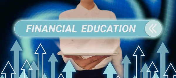 Textová Značka Znázorňující Finanční Vzdělávání Koncepce Znamenající Porozumění Měnovým Oblastem — Stock fotografie