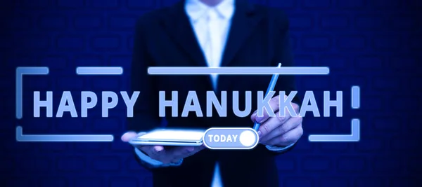 Text Bildtext Presenterar Happy Hanukkah Affärsidé Judisk Festival Firas Från — Stockfoto
