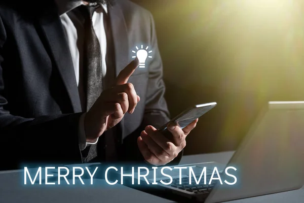 イエス キリストの誕生を祝うためのインターネットの概念毎年恒例の伝統 メリークリスマスを表示するサイン — ストック写真