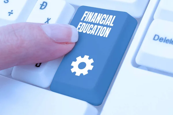 Mão Escrita Sinal Educação Financeira Ideia Negócio Compreender Áreas Monetárias — Fotografia de Stock