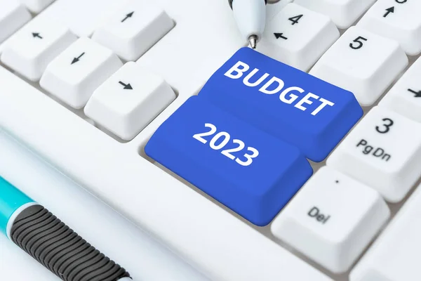 Texto Manuscrito Orçamento 2023 Foto Conceitual Estimativa Receitas Despesas Para — Fotografia de Stock