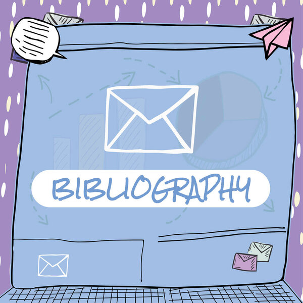 Текстовый знак, показывающий Библиографию, Слово для списка произведений, относящихся к определенной теме, периоду или автору