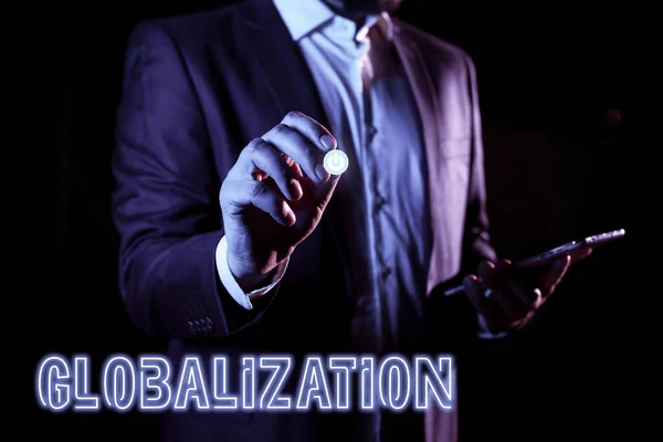 Text Bildtext Som Presenterar Globaliseringen Word För Utveckling Alltmer Integrerad — Stockfoto