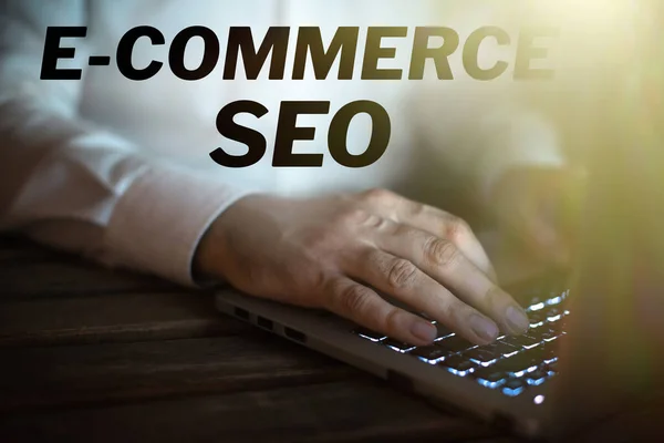 stock image Text showing inspiration E Commerce Seo, Business concept making your online store more visible in the search engine