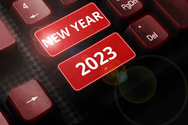 Ručně Psané Znamení Nový Rok 2023 Obchodní Vitrína Pozdrav Oslavy — Stock fotografie