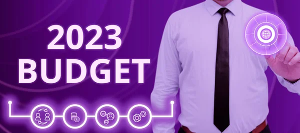 Sinal Texto Mostrando 2023 Orçamento Vitrine Negócios Plano Financeiro Negócios — Fotografia de Stock