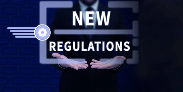 Sinal Escrita Mão Novos Regulamentos Foto Conceitual Regulamento Que Controla — Fotografia de Stock