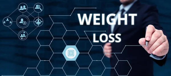 Bildunterschrift Gewichtsverlust Geschäftskonzept Verringerung Der Körperflüssigkeit Muskelmasse Reduzieren Fett Entsorgen — Stockfoto