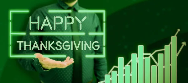 Tekst Znak Pokazujący Happy Thanksgiving Internet Concept Harvest Festival Święto — Zdjęcie stockowe