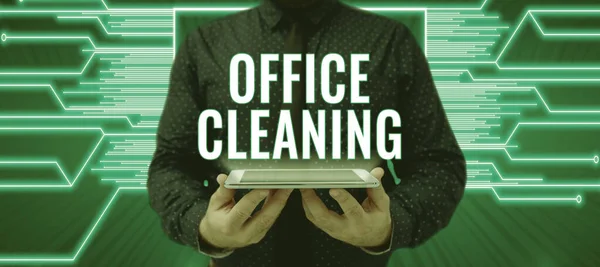 Szöveges Megjelenítés Office Cleaning Business Bemutatja Irodaház Belsejének Tisztítását — Stock Fotó