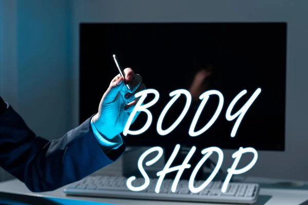 Szöveg Felirat Bemutató Body Shop Business Bemutatja Bolt Ahol Autóipari — Stock Fotó