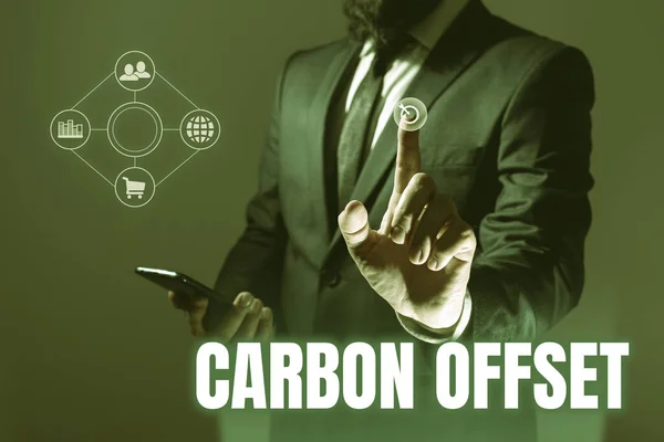 Textskylt Som Visar Carbon Offset Verksamhetsöversikt Minskning Utsläpp Koldioxid Eller — Stockfoto