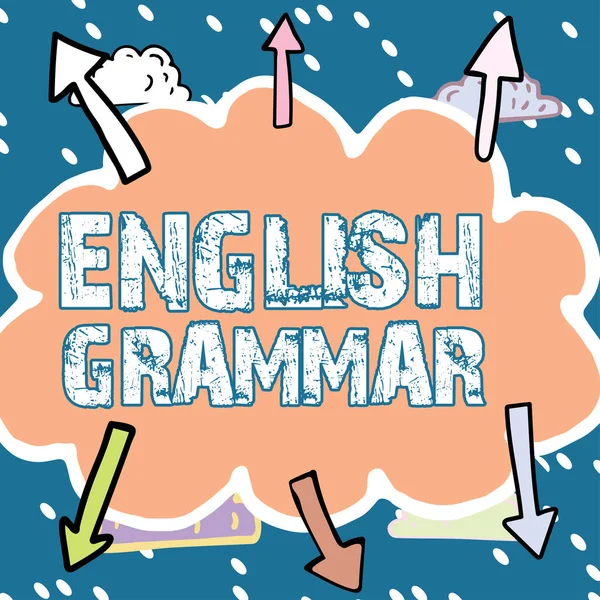 显示英语语法的文字标志 互联网概念课程涵盖所有级别的英语听说和写作 — 图库照片