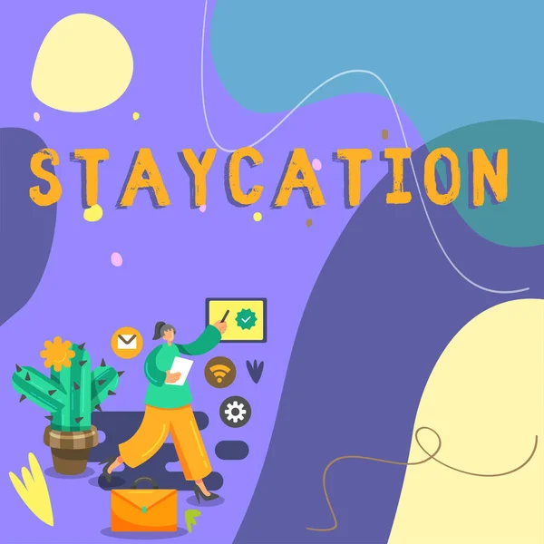 Leyenda Conceptual Staycation Word Escrito Unas Vacaciones Pasadas Casa Disfrutando —  Fotos de Stock