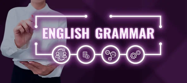 提供英语语法 商业概念课程的文字说明涵盖了所有级别的英语听说和写作 — 图库照片