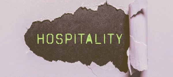 Texto Que Mostra Inspiração Hospitalidade Palavra Para Recepção Amigável Generosa — Fotografia de Stock