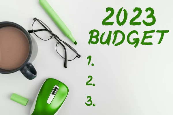 Sinal Texto Mostrando 2023 Orçamento Vitrine Negócios Plano Financeiro Negócios — Fotografia de Stock