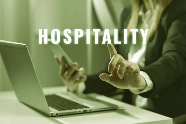 Sinal Texto Mostrando Hospitalidade Conceito Negócio Recepção Amigável Generosa Entretenimento — Fotografia de Stock