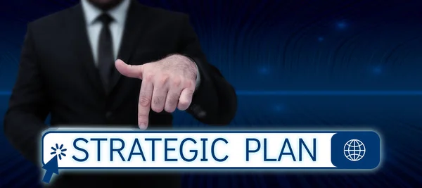 Schilder Mit Strategischem Plan Geschäftsübersicht Ein Prozess Der Strategiedefinition Und — Stockfoto
