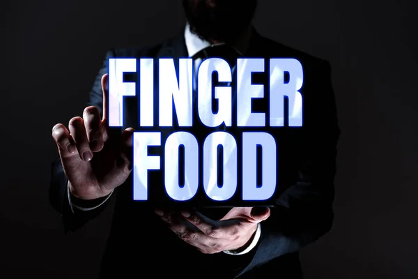 手書きのサインフィンガーフード 食べるための指で保持される製品や食事のための単語 — ストック写真